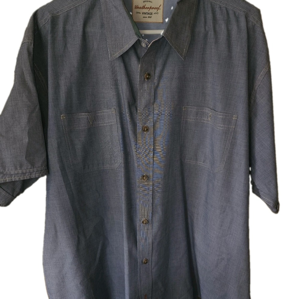 Weatherproof Vintage Mens XL Blue Cotton Short Sleeve Button Down Shirt Pockets